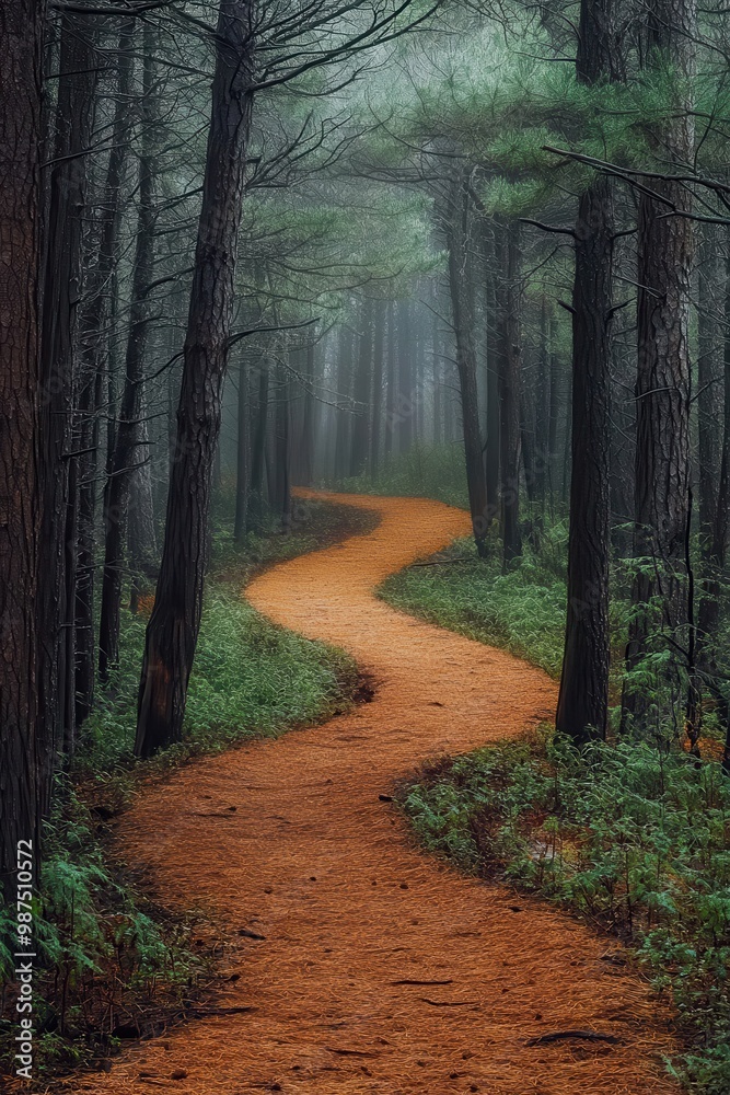 Naklejka premium Serene Forest Pathway Winding Through Misty Pine Trees on a Foggy Morning