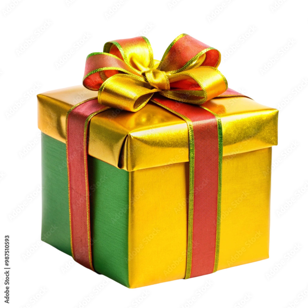 Red and green wrapped Christmas gift with a gold ribbon isolated on transparent background
