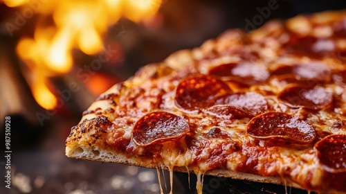 An enticing close-up of a pepperoni pizza slice being lifted, showcasing the gooey, melty cheese pulling away, with the scene set in front of a cozy fire. photo