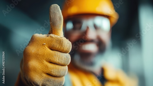 A construction worker signals approval with a thumbs up gesture, wearing protective gloves, reflecting safety measures and positive acknowledgment in the construction industry. photo