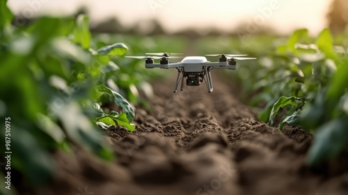 A drone hovers over a flourishing agricultural field, equipped with a camera for monitoring crops, symbolizing modern farming techniques and technological advancement. photo