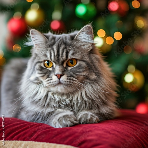 Cats in a Cozy Setting with Blurred Christmas Background Festive and Warm Holiday Atmosphere