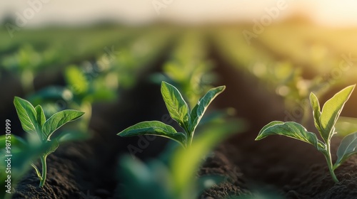 Close-up of vibrant green plants sprouting in an agricultural field, bathed in sunlight, symbolizing growth, renewal, and the promise of a bountiful harvest. photo