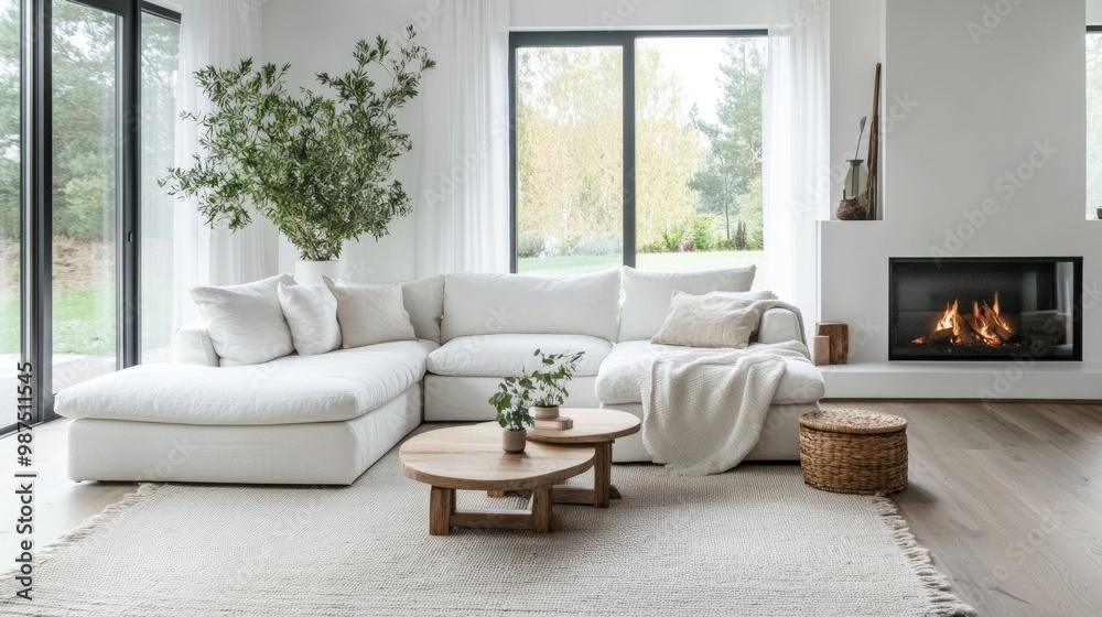 Bright and airy Scandinavian living room featuring a white corner sofa, fireplace, and minimal decor in a modern, open space