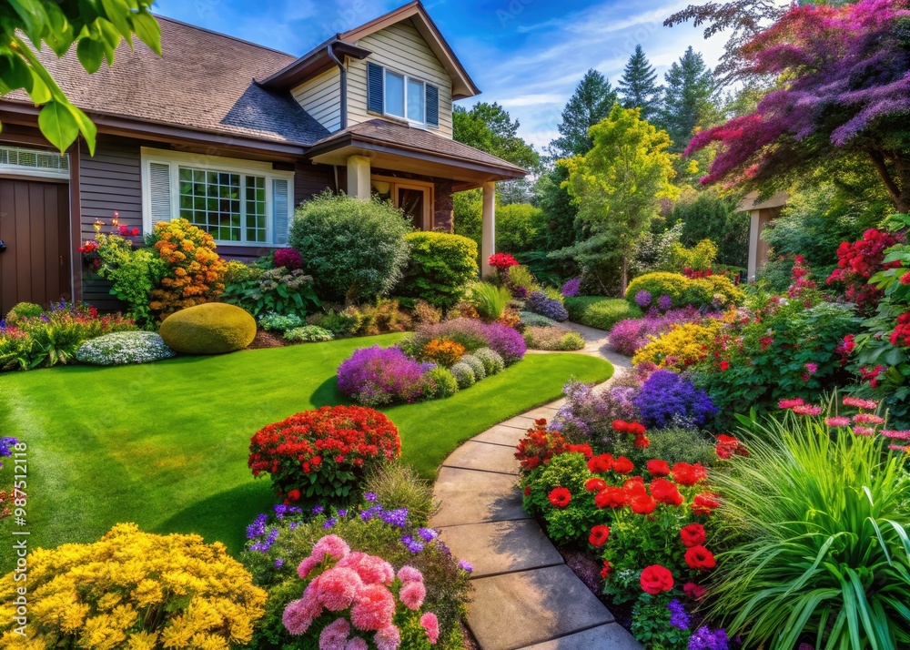 A lush front yard showcases vibrant flowers, healthy green grass, and decorative pathways, creating a charming and inviting outdoor space that enhances the home’s beauty. A lush front yard showcases vibrant flowers, healthy green grass, and decorative pathways, creating a charming and inviting outdoor space that enhances the home’s beauty.
