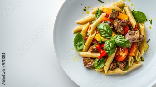 "Vibrant and Flavorful Penne Pasta with Meat and Fresh Vegetables, Served on a Simple White Background"