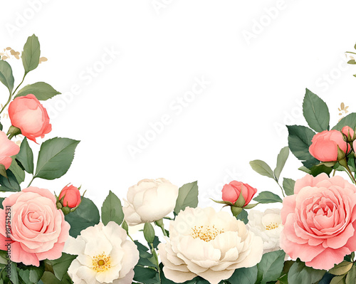 Watercolor beautiful spring background with luxurious flowers. Large and terry pink roses, delicate white roses with a yellow center and young red rose buds. Watercolor banner for wedding designs.
