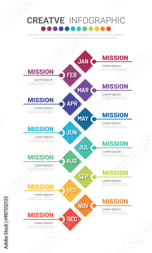 Timeline presentation for 12 months, 1 year, Timeline infographics design vector and Presentation business can be used for Business concept with 12 options, steps or processes.