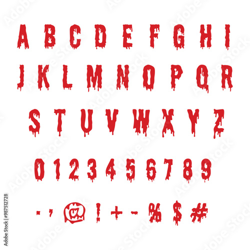 Red spooky y2k style alphabet with numbers bloody style. Scary party or halloween concept.