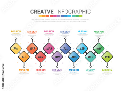 Presentation business infographic template, Timeline for 12 months, 1 year, can be used for workflow, process diagram, flow chart.