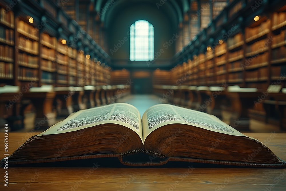 An old open book lying on a wooden table in a library