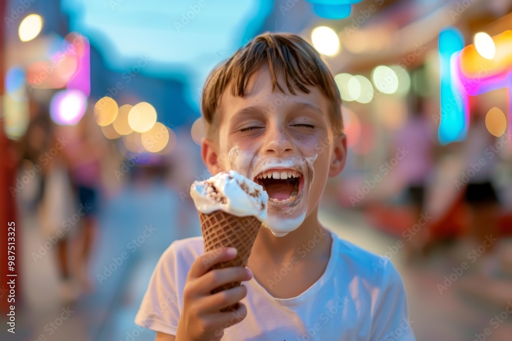 Smiling teen exuding optimism surrounded natural beauty of summer. Trendy brunette enjoying carefree day outdoors feeling casual yet stylish. Kid beams with joy while enjoying ice cream. Smiling teen exuding optimism surrounded natural beauty of summer. Trendy brunette enjoying carefree day outdoors feeling casual yet stylish. Kid beams with joy while enjoying ice cream.