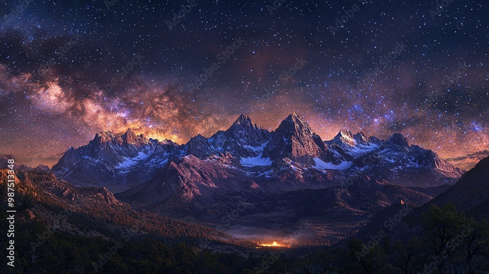 A snowy mountain range under a starlit sky A snowy mountain range under a starlit sky