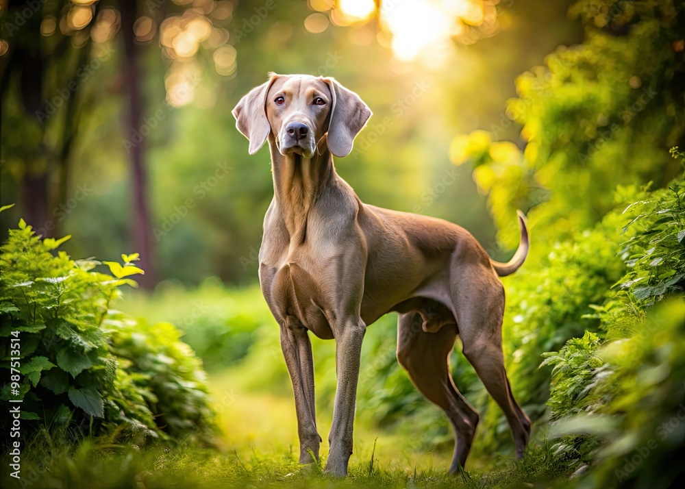 A majestic Weimaraner stands confidently in a vibrant outdoor setting, surrounded by lush greenery that enhances its elegance and grace in nature’s embrace. A majestic Weimaraner stands confidently in a vibrant outdoor setting, surrounded by lush greenery that enhances its elegance and grace in nature’s embrace.