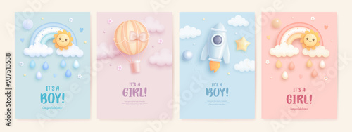 Baby shower banner, invitation, arrival greeting card design template. Baby birth vector 3d toys, rainbow. It's a girl. It's a boy. Welcome baby background