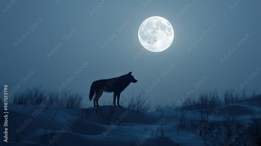   Lone wolf on a snowy hill under full moon with grass and bushes in foreground