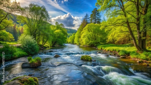A meandering river flows gently through a verdant valley, its gentle ripples reflecting vibrant greens of spring foliage and warm sunlight filtering through.