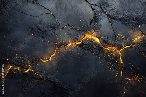 Cracked Black Surface with Glowing Yellow Lines