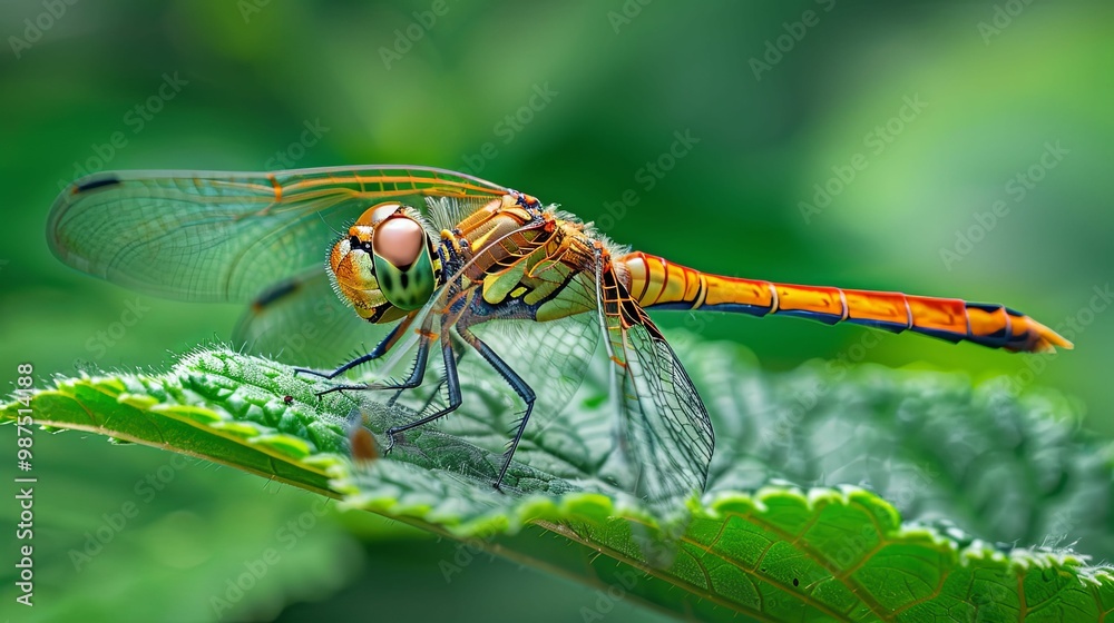 A Vibrant Dragonfly Perched on a Green Leaf A Vibrant Dragonfly Perched on a Green Leaf