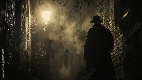  A man in a hat and coat stands in a dark alley with a streetlight behind him