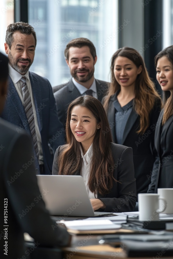 A group of professionals in a meeting, with a woman working on a laptop. A group of professionals in a meeting, with a woman working on a laptop.