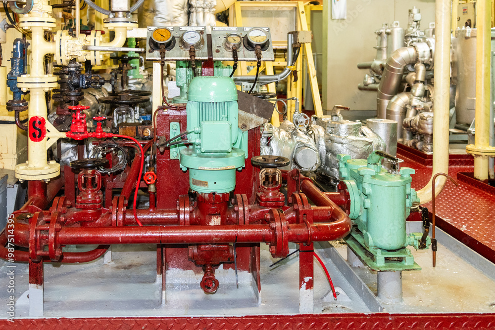 Close-up of a ship's fuel system: visible pumps, filters, and pipelines. The system powers the main engine and auxiliary generators, essential for the vessel’s smooth operation at sea. Close-up of a ship's fuel system: visible pumps, filters, and pipelines. The system powers the main engine and auxiliary generators, essential for the vessel’s smooth operation at sea.