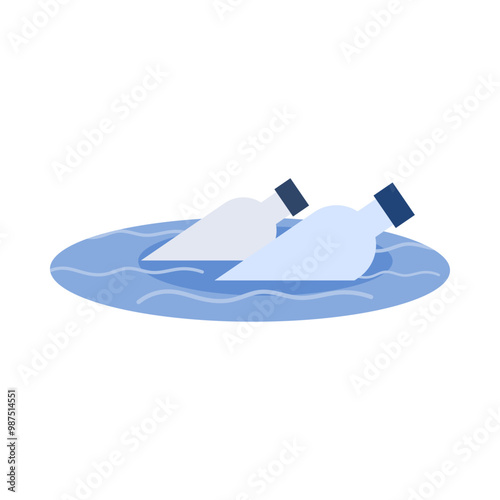 drifting bottle trash. plastic bottle waste in the water. glass bottle waste. rubbish in the river. flood. littering. environmental pollution. trash in the sea. vector. illustration