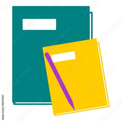 book vector illustration. subject books, student books, note books, report cards, archives, documents. logo, simple design, flat style. turquoise and yellow book, purple pen