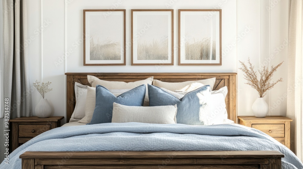 Farmhouse-inspired bedroom with a wooden bed, soft blue pillows, and three framed posters on a simple white wall. Farmhouse-inspired bedroom with a wooden bed, soft blue pillows, and three framed posters on a simple white wall.