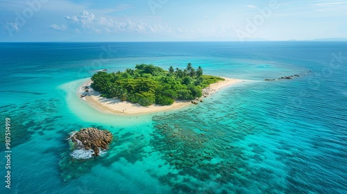 Aerial View of a Lush Tropical Island in the Turquoise Ocean