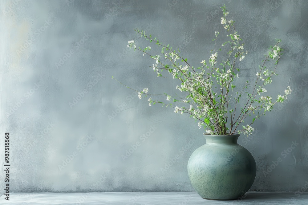 Green Vase with White Flowers on Gray Background Green Vase with White Flowers on Gray Background