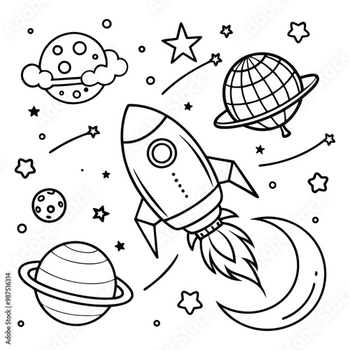 rocket in space coloring page for kids photo