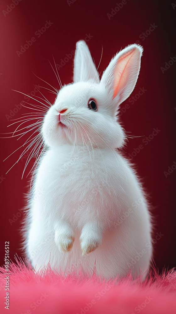 A fluffy white rabbit stands on its hind legs, looking up with curiosity. A fluffy white rabbit stands on its hind legs, looking up with curiosity.