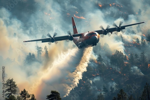 Blaze raging below powerful aircraft douses flames from above. Aerial firefighting showcased plane combats flames from above clouds. Humanity's fight catastrophic repercussions of wildfires. photo