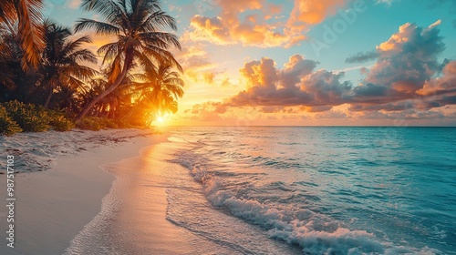 A stunning sunset at a tropical beach, with palm trees framing the view and the vast ocean visible behind