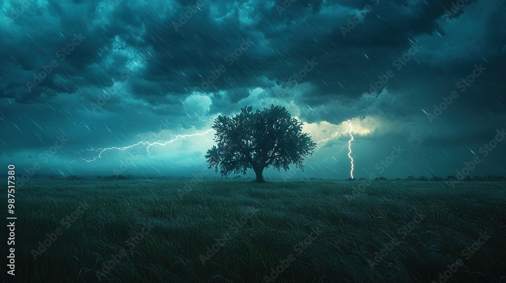 A tree stands in the grass beneath a cloudy sky with a lightning bolt in the sky above A tree stands in the grass beneath a cloudy sky with a lightning bolt in the sky above