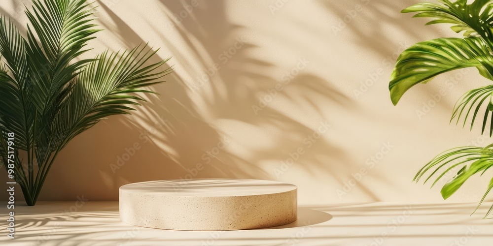 3D Render of Podium with Palm Leaves and Shadows 3D Render of Podium with Palm Leaves and Shadows