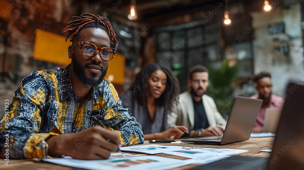 A man with dreadlocks and glasses is sitting at a table with a laptop A man with dreadlocks and glasses is sitting at a table with a laptop