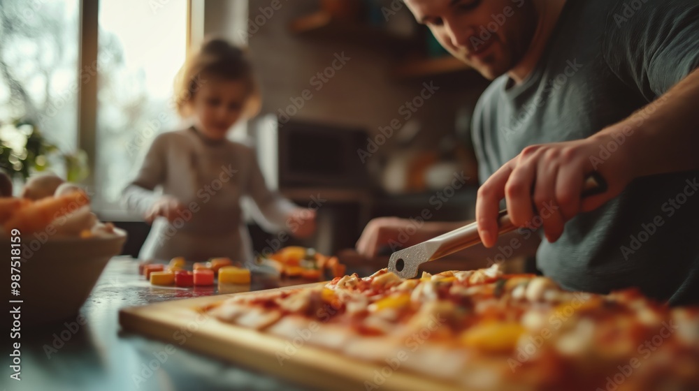 A father enjoys making pizza in the kitchen with his child A father enjoys making pizza in the kitchen with his child