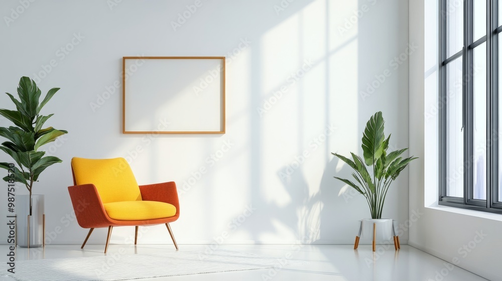 Minimalist living room with vibrant armchairs, white walls, and sleek, minimal decor accents for a bright, modern space. Minimalist living room with vibrant armchairs, white walls, and sleek, minimal decor accents for a bright, modern space.
