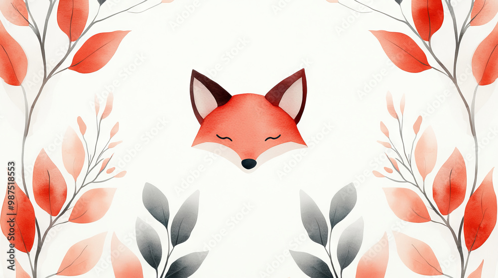 Watercolor painting of a fox with red leaves on a white background. Watercolor painting of a fox with red leaves on a white background.