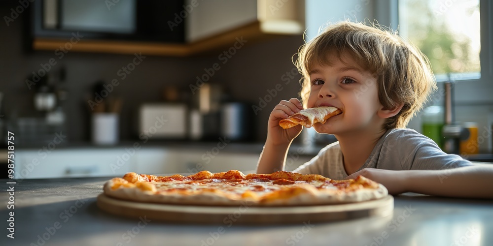 A joyful child takes a large bite of pizza in a bright kitchen A joyful child takes a large bite of pizza in a bright kitchen
