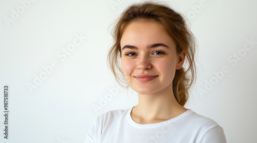 Obraz na płótnie An average 20 year old woman from Croatia, she is wearing a white t-shirt, white clean background w salonie