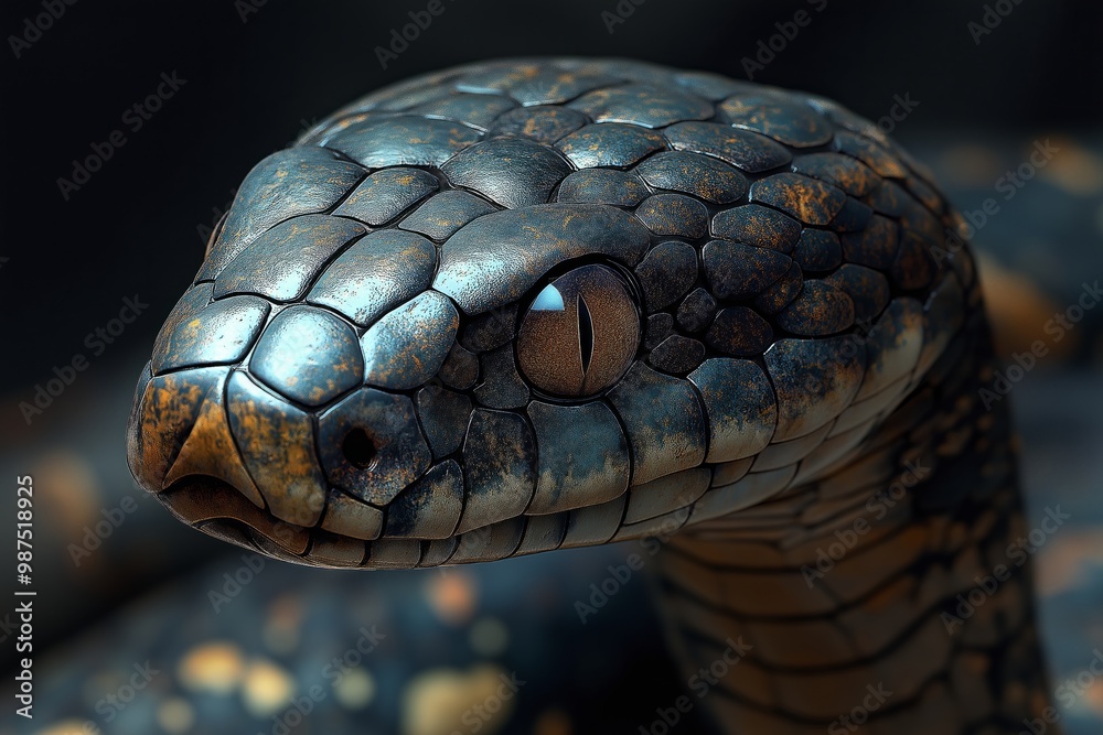 A sleek, dark scaled snakes face covered in raindrops, giving an ominous and reflective stare A sleek, dark scaled snakes face covered in raindrops, giving an ominous and reflective stare
