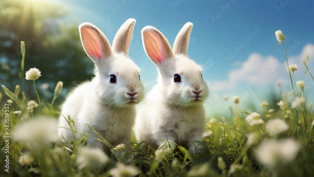 Baby rabbit chews on green grass, in a peaceful outdoor on a summer day. Baby rabbit chews on green grass, in a peaceful outdoor on a summer day.