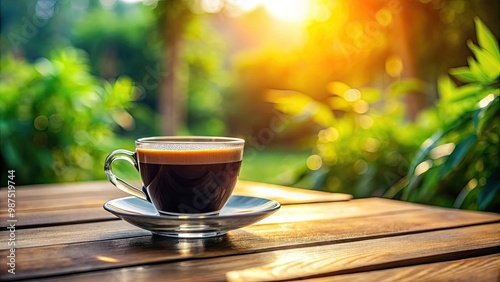 A steaming half cup of coffee rests on a wooden table, illuminated by soft morning light, with a gentle, blurred background enhancing the serene atmosphere.