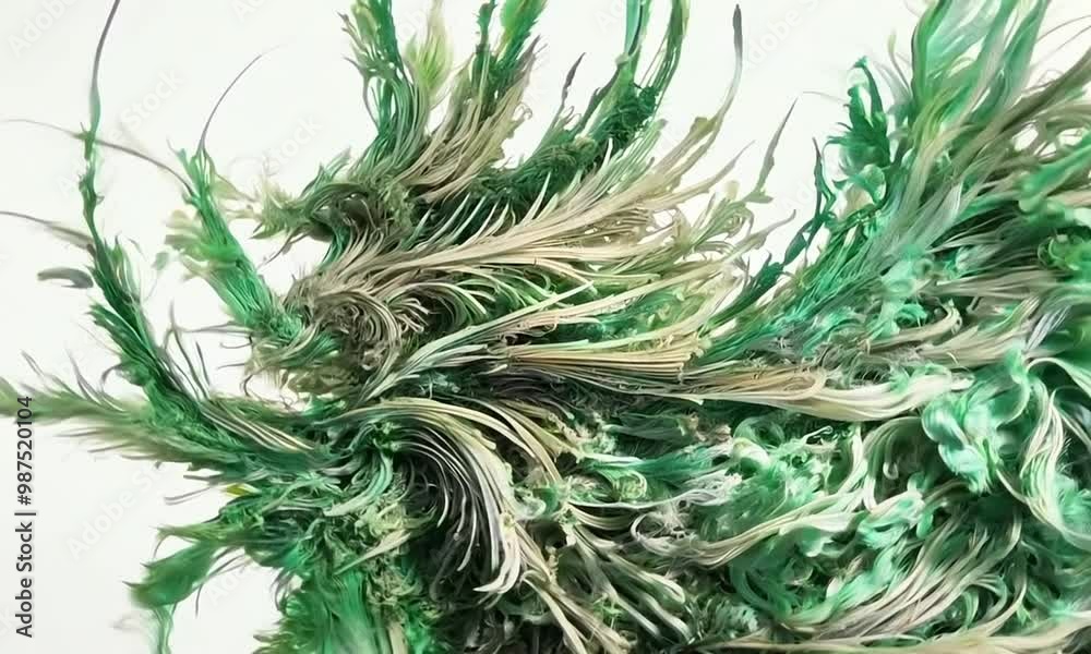 Motifs abstraits en forme de plumes dans des tons verts tourbillonnant de manière fluide, animation artistique et organique, idéale pour des projets visuels créatifs et des arrière-plans élégants Motifs abstraits en forme de plumes dans des tons verts tourbillonnant de manière fluide, animation artistique et organique, idéale pour des projets visuels créatifs et des arrière-plans élégants