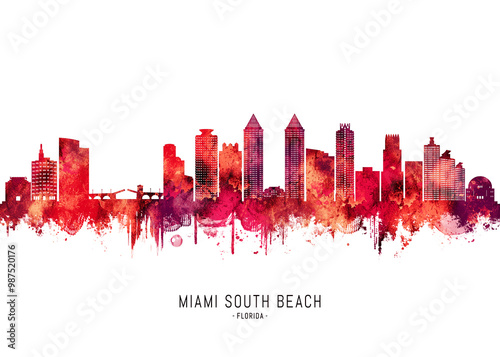 Miami South Beach Florida Skyline Red