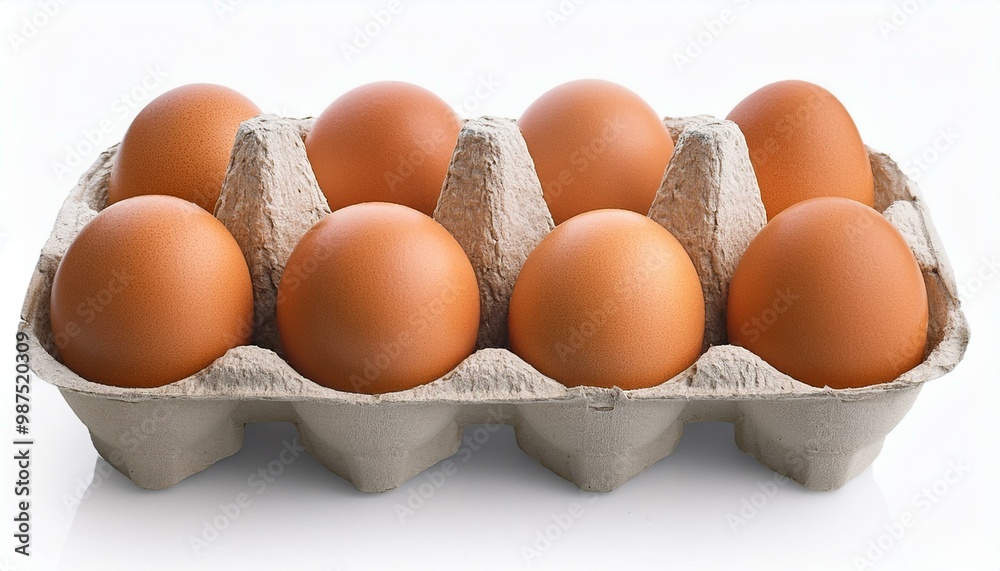 An open egg box containing ten brown eggs is isolated on a white background An open egg box containing ten brown eggs is isolated on a white background