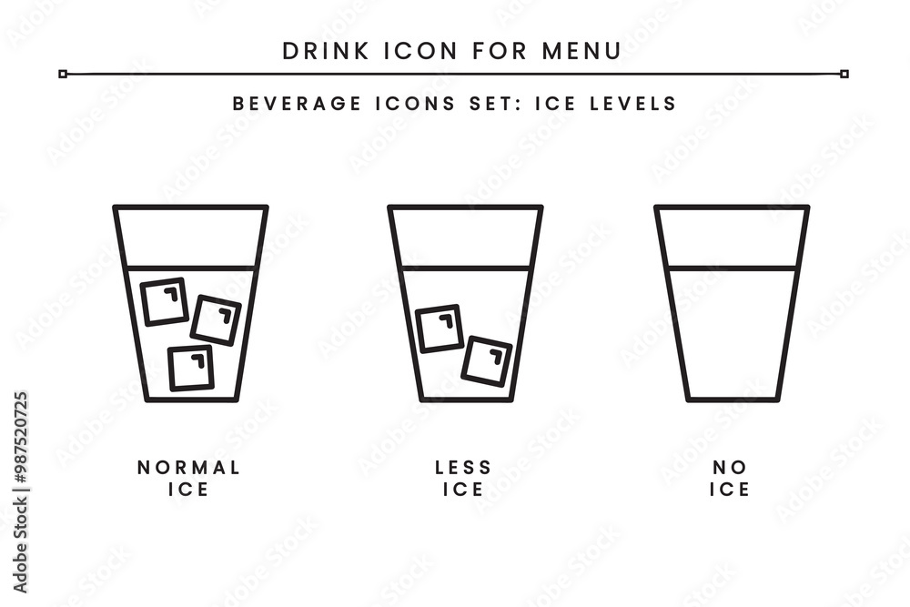 Drink Beverages Icon Set for Menu. Ice levels. Normal ice, Less Ice, No Ice. can use symbol in menu for restaurant, coffee shop, cafe. Simple clean flat color outline isolated vector. Drink Beverages Icon Set for Menu. Ice levels. Normal ice, Less Ice, No Ice. can use symbol in menu for restaurant, coffee shop, cafe. Simple clean flat color outline isolated vector.